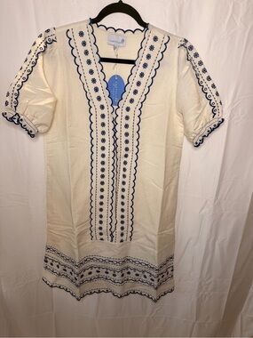 Cartolina Ivory Midi Dress with Navy Embroidered Trim